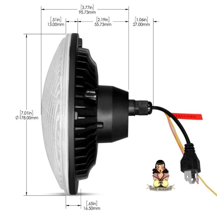Restomod 7 inch LED Headlight Measurements Black