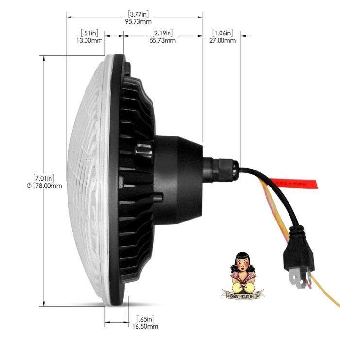 Restomod 7 inch LED Headlight Measurements Chrome